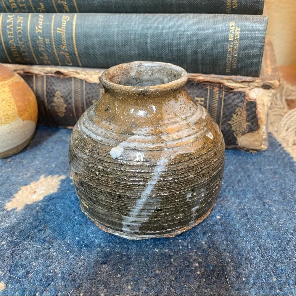 Small Green Brown White Stoneware Studio Pottery Vase artist signed